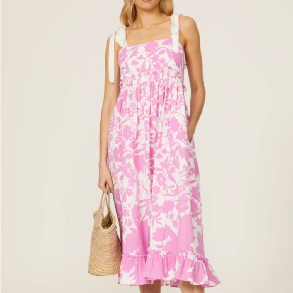 Peter Som Sleeveless Square Neck A-Line Floral Midi Dress Pink White Size 0
